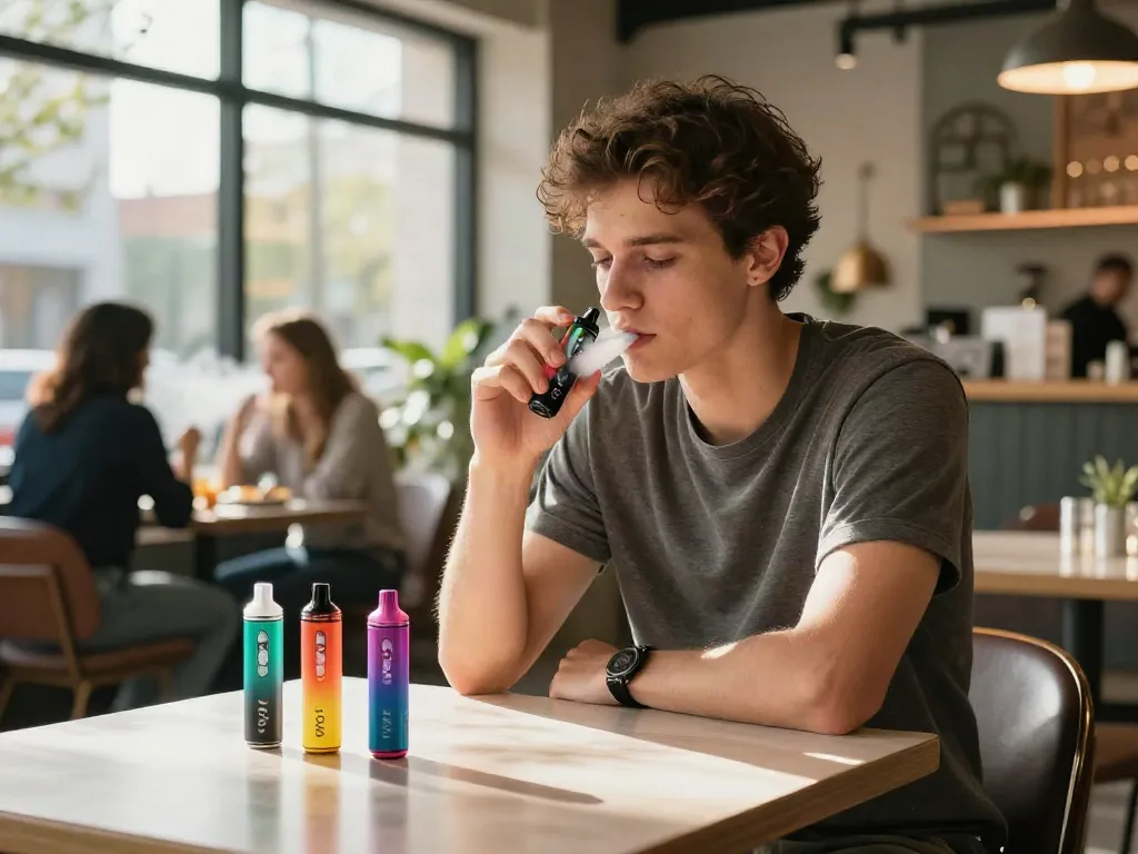 Youthful user savoring Ryse vape pen in trendy café atmosphere.